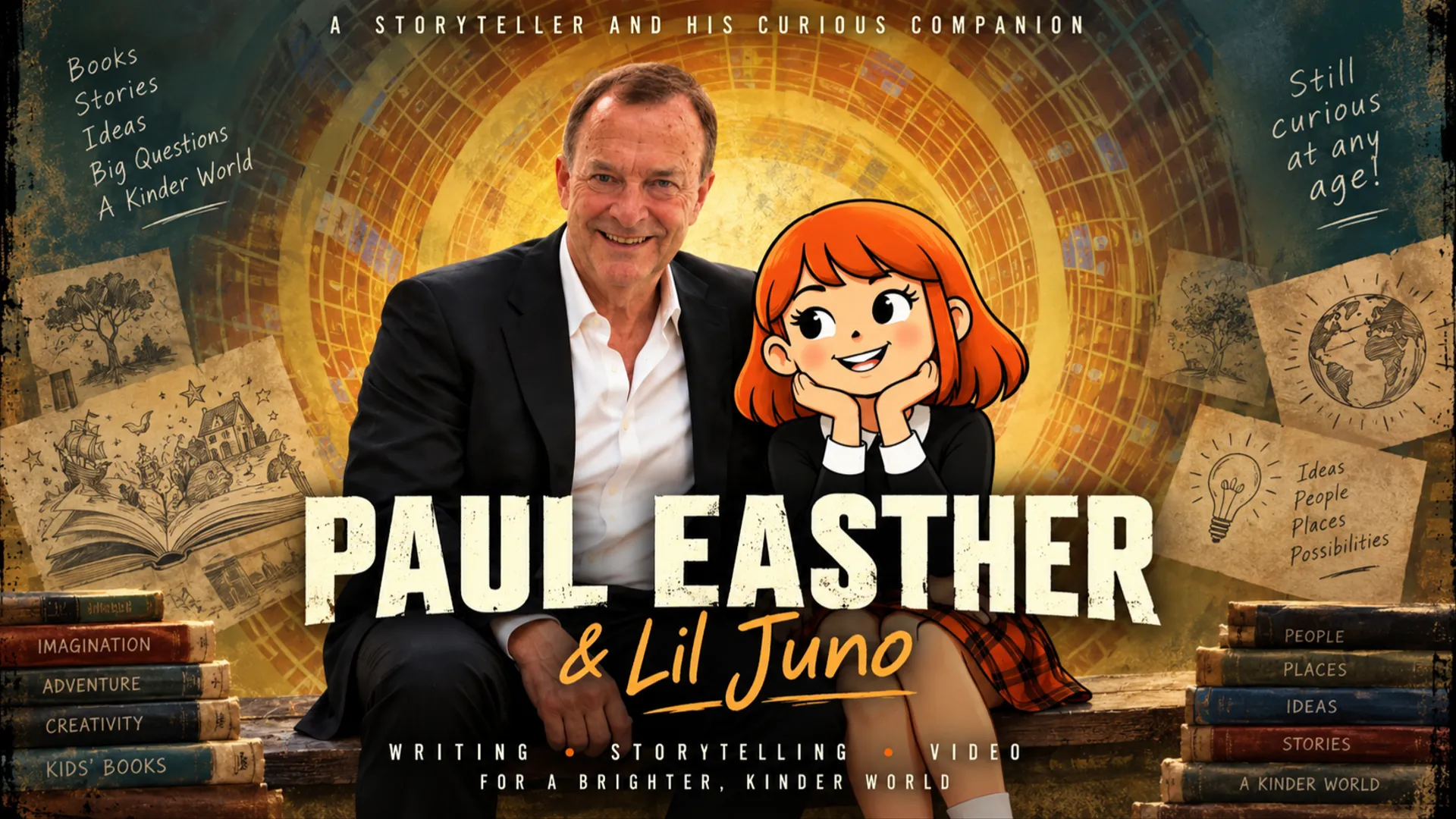 Paul Easther and Lil Juno in an illustrated world of books, stories and ideas
