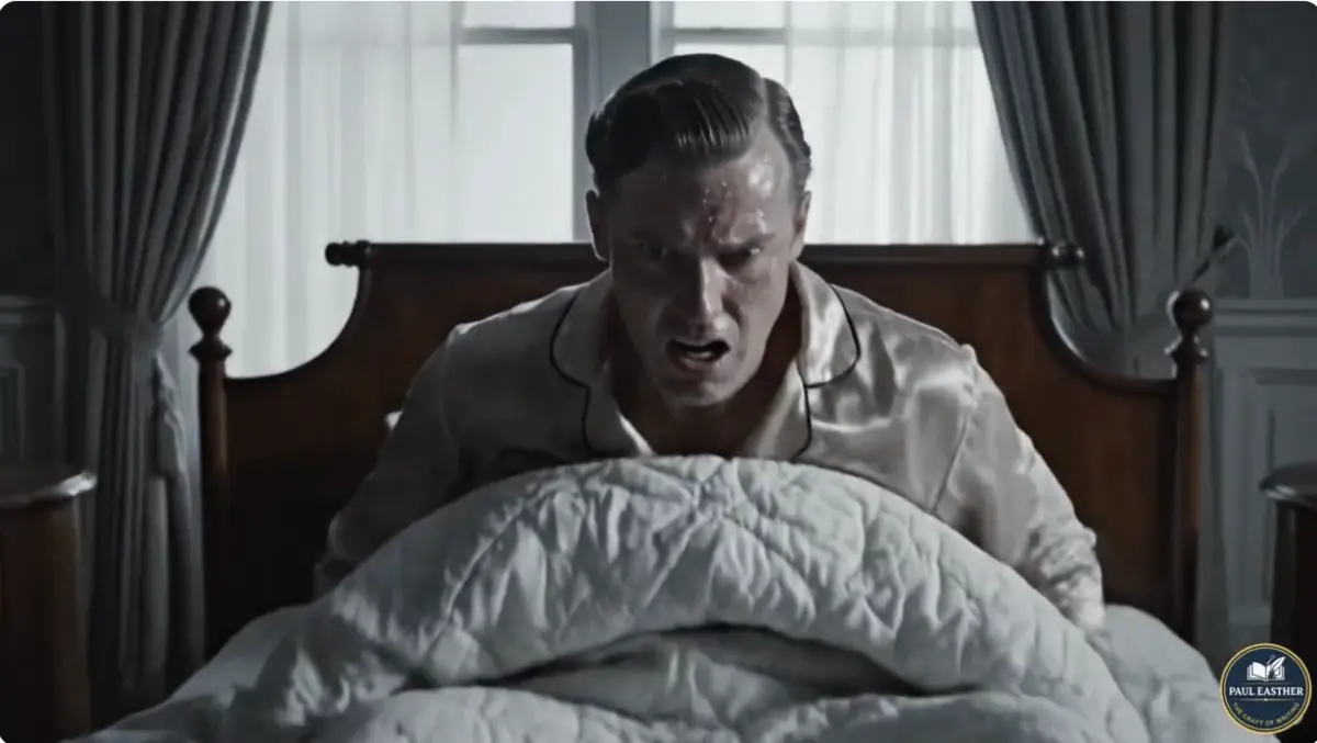 Gregor Samsa sitting upright in bed as he confronts his transformation